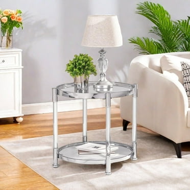 MIDOQIN Round Coffee Table with Glass Top, Modern Simple Acrylic Clear Center Table with Storage Shelf Tea Table Cocktail Table Living Room Table (Small)