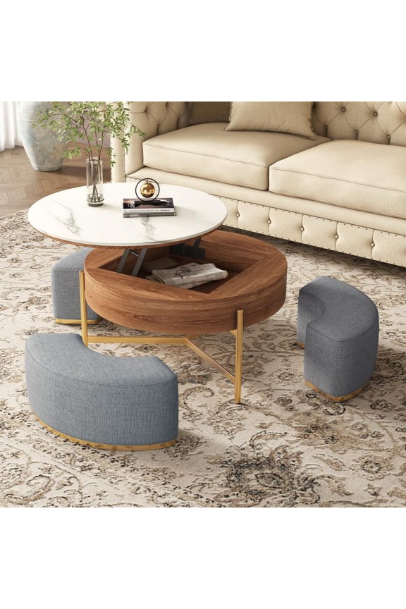 Round Lift Top Coffee Table, Modern Coffee Tables for Living Room with Hidden Storage & 3 Nesting Ottomans Space-Saving Center Table