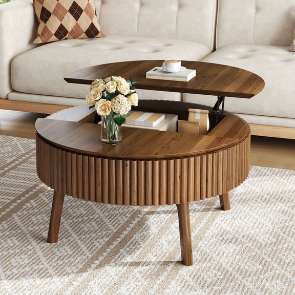 MIDOQIN Round Solid Wood Coffee Table, 30.3 Inch Modern Mid-Century Center Table with Half Flip-Top and Hidden Storage for Living Room, Fluted Design, Walnut