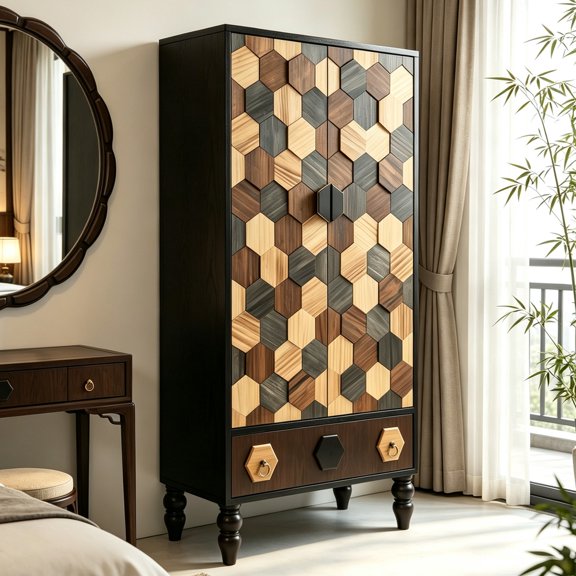 MIDOQIN Storage Cabinet with Drawer & 2 Doors, 60" Tall Bathroom Cabinet Accent Cabinets with Honeycomb Pattern, Solid Pinewood Legs, Adjustable Feet for Living Room, Hallway