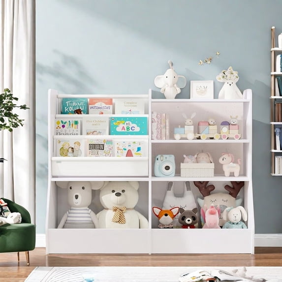 MIDOQIN Toy Storage Organizer, Wood Kids Bookshelf with 5 Storage Cubbies Multifunctional Toddler Bookcase Storage Chest