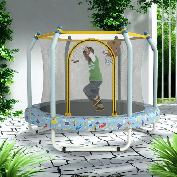 MIDOQIN Trampoline for Kids, 55 in Small Toddler Trampoline with Basketball Hoop & Enclosure Net, Indoor Outdoor Recreational Trampoline Gifts for Boys & Girls