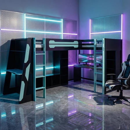 MIDOQIN Twin Size Gaming Loft Bed with RGB LED Lights, L-Shaped Wooden Loft Bed Frame with USB Ports & Storage Shelves, Reversible Layout, for Teens & Adults