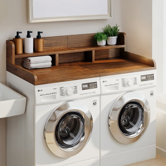 MIDOQIN Washer Dryer Countertop, Wood Laundry Countertop with Edge Rails - 54" Width x 27.5"Width Laundry Room Organization