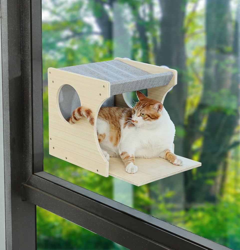 MIDOQIN Window Cat Perch, Sturdy Wood Cat Window Hammock with Heavy Duty Suction Cups, Cat Bed for Overlooking & Sleeping (Left)