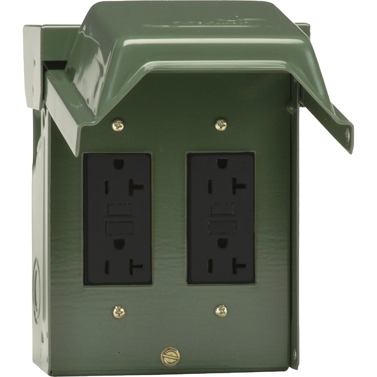 MIDWEST U012010GRP 2GFI Backyard Power Outlet • 2-20 Amp Backyard Outlet with GFCI Receptacles • Green Outdoor Metal Enclosure with two 20A Duplex GFI receptacles • Sold factory assembled
