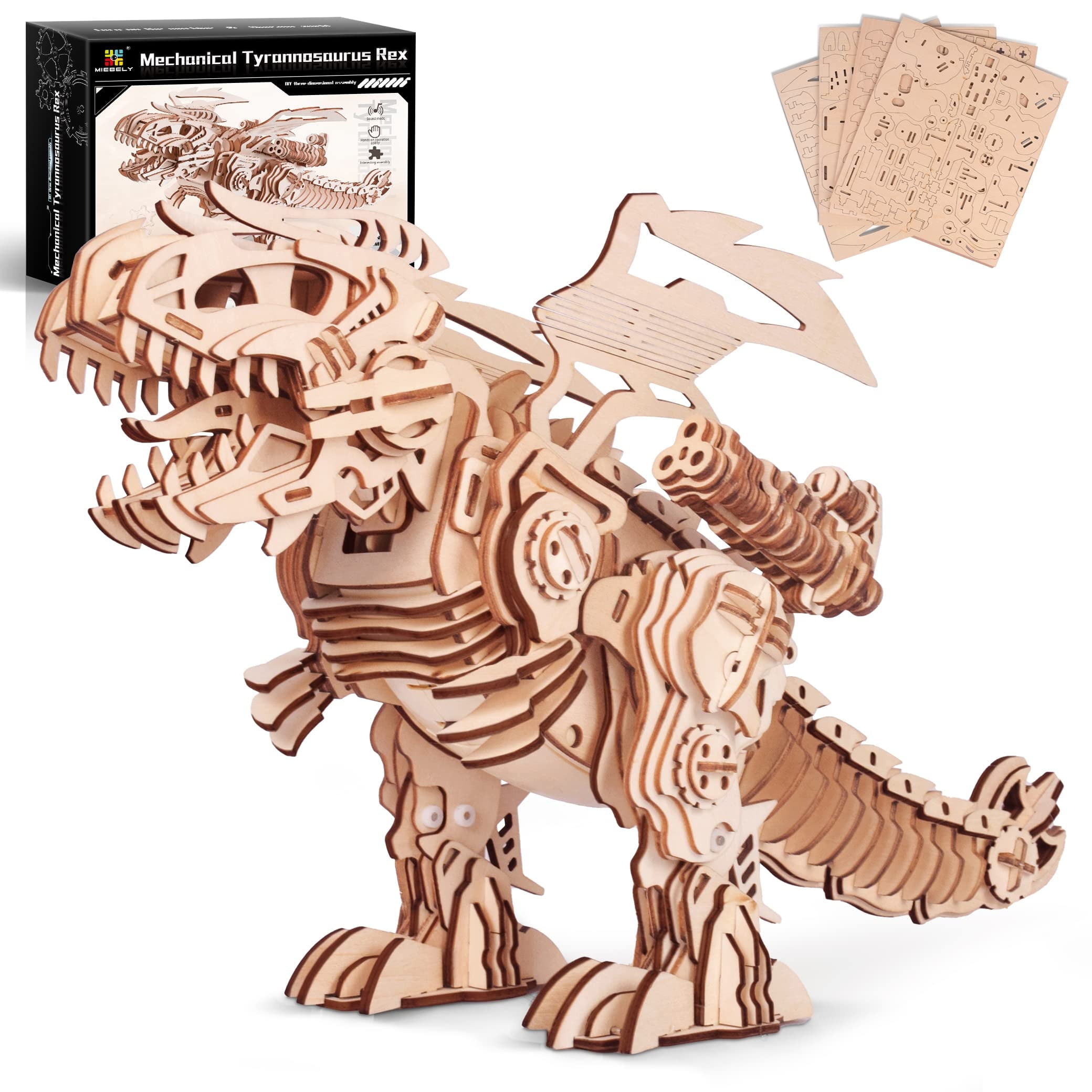 MIEBELY 3D Wooden Puzzles for Adults - T-Rex Dinosaur Model Kits can Walk and Roar, Mechanical Dinosaur Toys for Boys Kids Ages 8-10-12-14, 3D Puzzles Building Kit Gifts for Teen Men Women
