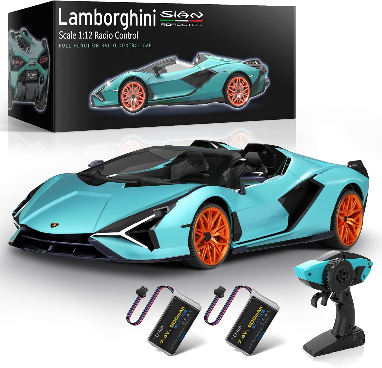 Miebely 1:12 Scale Lamborghini Remote Control Car, 7.4V 900mAh ,2 Battery, 12Km/h Fast, 2.4Ghz, Blue