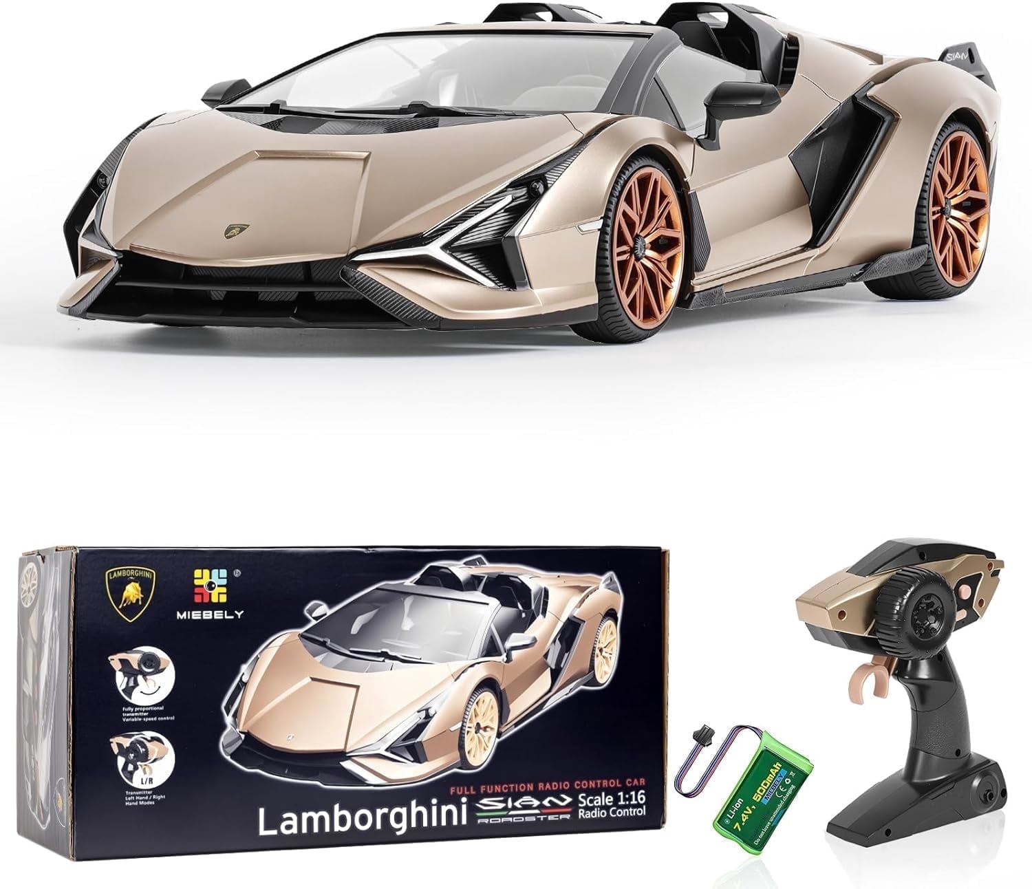 Miebely Lamborghini 1:16 RC Car, 7.4V 500mAh, 12Km/h, 2.4Ghz Model Car for Adults Boys Girls Birthday Ideas Gift(Champagne)