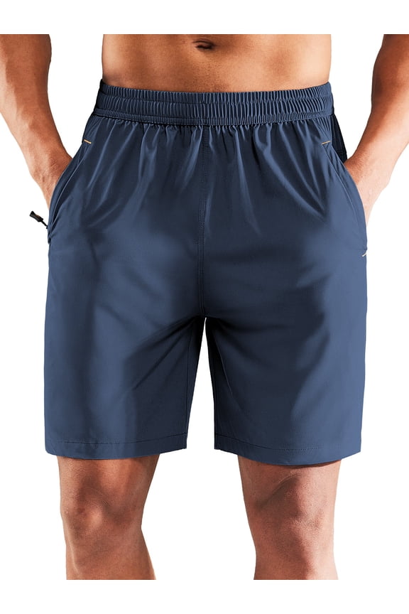 Men's Dry Fit Athletic Running Shorts with 2 Zipper Pockets, Deep Blue, XL