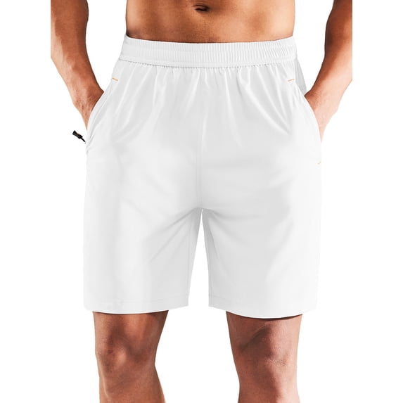 MIER Men's Dry Fit Athletic Running Shorts with 3 Zipper Pockets, White, M