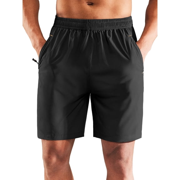MIER Men's Dry Fit Athletic Running Shorts with 2 Zipper Pockets, Black, L