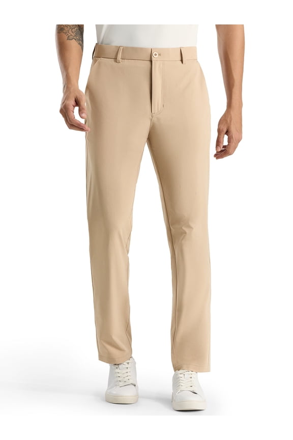 Men's Stretch Golf Pants 30" Lightweight Classic Fit Dress Pants, Water-Resistant Casual Work Slacks, Khaki, 32W x 30L
