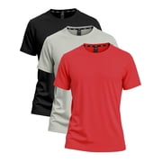 MIER Mens Short Sleeve Workout Shirt, Quick Dry Moisture Wicking Gym T-Shirt, Crew Neck, Black/Grey/Red, Size L, 3-Pack