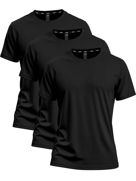 Mens Short Sleeve Workout Shirt, Quick Dry Moisture Wicking Gym T-Shirt, Crew Neck, Black, Size L, 3-Pack