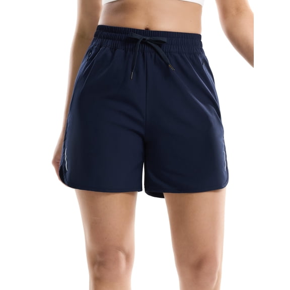 MIER Women's 5 Inch Mid Waisted Running Shorts, Lightweight Quick Dry Athletic Gym Active Shorts with Pockets, Navy, M