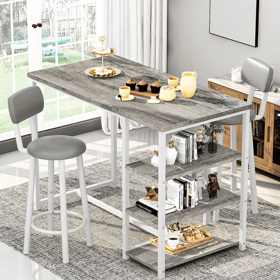 MIERES 2-Person Dining Set, 3-Piece Bar Table and Chair Set, Kitchen Counter-Height Dining Table Set, Compact Kitchen Dining Table with Storage, Small Space Breakfast Set, Gray