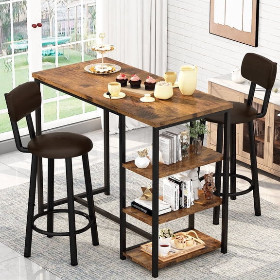 MIERES 2-Person Dining Set, 3-Piece Bar Table and Chair Set, Kitchen Counter-Height Dining Table Set, Compact Kitchen Dining Table with Storage, Small Space Breakfast Set, Brown