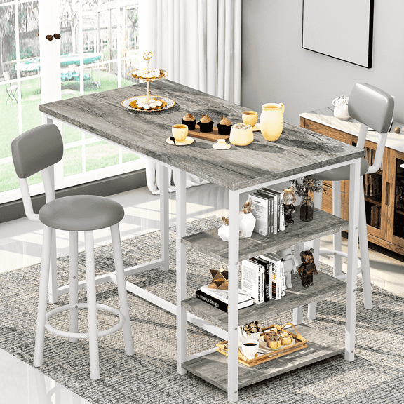 MIERES 2-Person Dining Set, 3-Piece Bar Table and Chair Set, Kitchen Counter-Height Dining Table Set, Compact Kitchen Dining Table with Storage, Small Space Breakfast Set, Gray