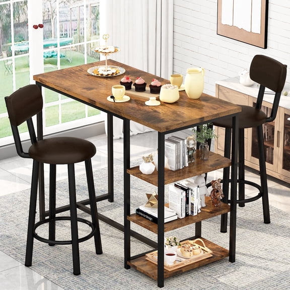 MIERES 2-Person Dining Set, 3-Piece Bar Table and Chair Set, Kitchen Counter-Height Dining Table Set, Compact Kitchen Dining Table with Storage, Small Space Breakfast Set, Brown