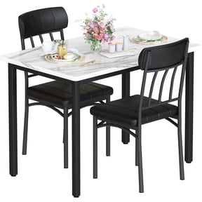 MIERES 2-Person Dining Set: Rectangular kitchen table with two leather chairs featuring three-backrests; 3-piece small solid wood dining set, ideal for small spaces and corner dining areas; WHite
