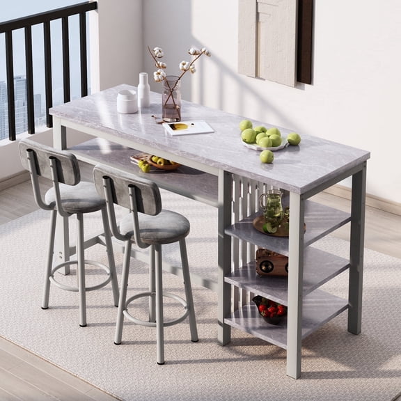 MIERES 2-Person Dining Set, Solid Wood Dining Table, Storage-Equipped Dining Table with High-Back Chairs, 2-Person Kitchen Dining Set, Suitable for Kitchens, Dining Rooms, and Bars, Gray
