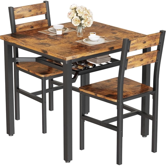 MIERES Industrial 3-Piece Dining Table Set with Storage Shelf for Small Spaces, Brown