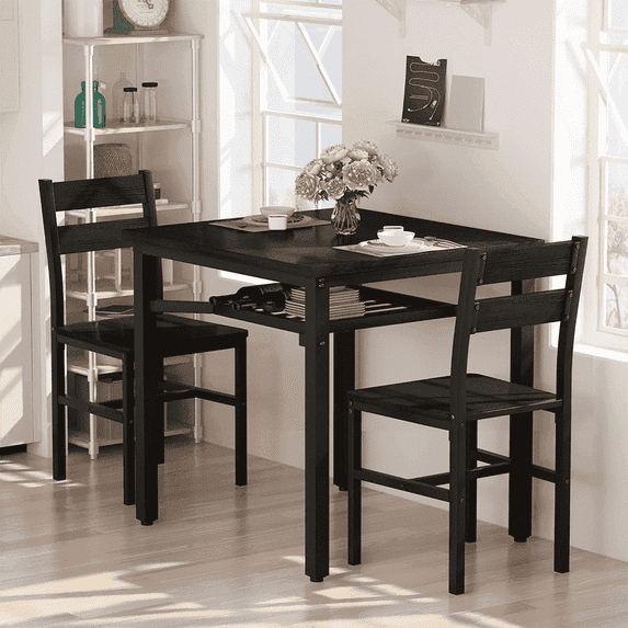 MIERES 3-Piece Industrial Dining Table Set with Storage Shelf and 2 Chairs, Small Space Kitchen Table Set, Black