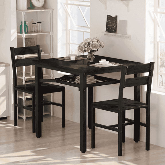 MIERES 3-Piece Dining Table Set for 2 with Storage Shelf, Solid Wood Top Metal Frame Kitchen Table Set with 2 Chairs for Small Spaces, Black