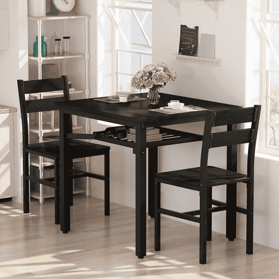 MIERES 2 Person Kitchen Dining Table Set with Storage Shelf, Small Wooden Dining Set for 2, Black