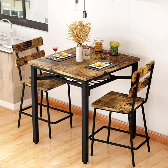 MIERES 3 Piece Bar Table and Chairs Set, Counter Height Small Dining Table with 2 Bar Stools, Farmhouse Square Kitchen Table with Storage for Bistro, Pub, Small Space