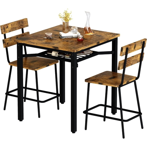 MIERES Counter Height Dining Set for 3 Piece,Small Kitchen Table Set with Storage Shelf, Farmhouse Bar Table Set for Small Spaces, Dining Room, Kitchen, Rustic Brown