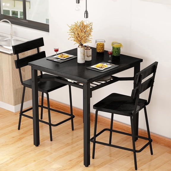 MIERES 3 Piece Bar Table and Chairs Set, Counter Height Small Dining Table with 2 Bar Stools, Farmhouse Square Kitchen Table with Storage for Bistro, Pub, Small Space