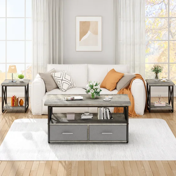 MIERES 3-Piece Coffee Table Set, Coffee Table with Storage Drawers, Living Room Coffee Table Set, Natural Solid Wood, Gray