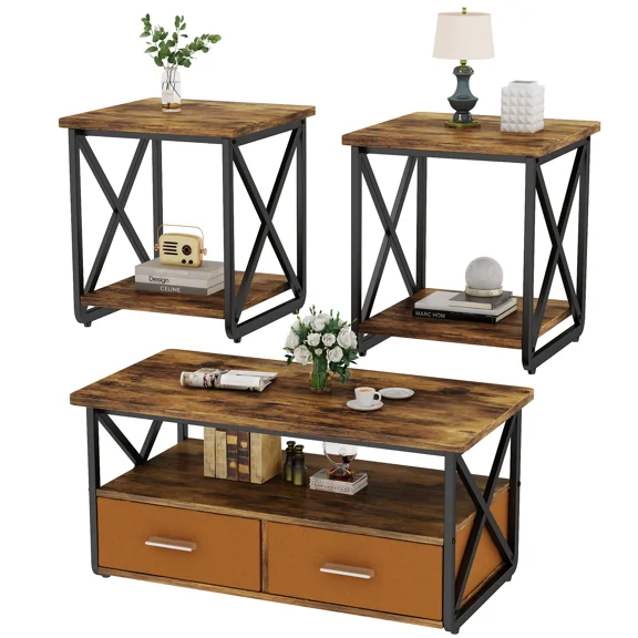 MIERES 3-Piece Coffee Table Set, Coffee Table with Storage Drawers, Living Room Coffee Table Set, Natural Solid Wood, Vintage Brown