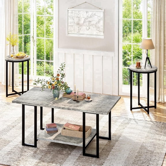 MIERES 3-Piece Coffee Table Set, includes two side tables; rustic-style solid wood coffee table set with metal frame; suitable for living rooms and offices; gray
