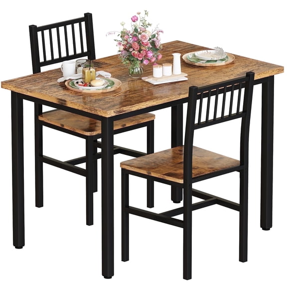 MIERES 3 Piece Dining Table Set, Industrial Kitchen Table and 2 Chairs with Metal Frame, Dining Room Table Set, Breakfast Table Set for Small Space, Dining Room, Kitchen, Rustic Brown