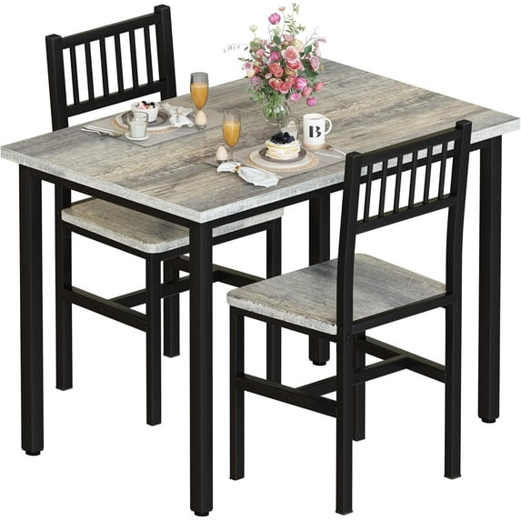 MIERES 3 Piece Dining Table Set, Rustic Kitchen Table and Chairs Set, Thickened Solid Wood Carbon Plate, Breakfast Table Set for Small Spaces, Dining Room, Kitchen, Rustic Gray