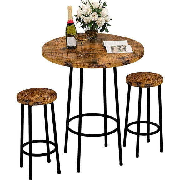 MIERES 3 Piece Pub Dining Set, Modern Round bar Table and Stools for 2 Kitchen Counter Height Wood Top Bistro Easy Assemble for Breakfast Nook Living Room Small Space Restaurant, Rustic Brown