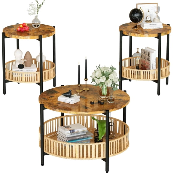 MIERES 3 Pieces Coffee Table Set for Living Room, Boho Living Room Table Set with Rattan Storage Shelf and Metal Frame, Round Coffee Table & 2 End Side Tables for Apartment Home Office