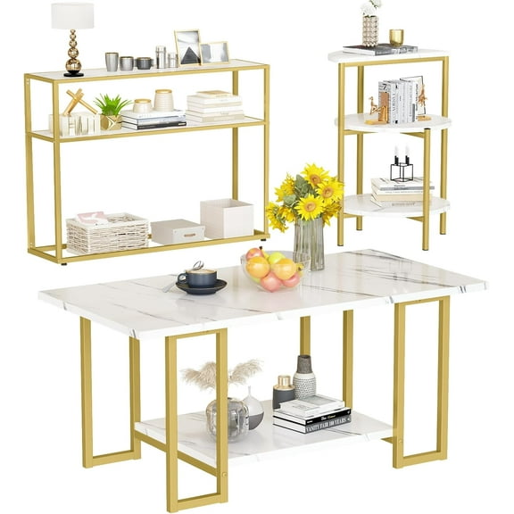 MIERES 3 Pieces Modern Coffee Set, with End Table and Console Table, Contemporary Faux Marble Living Room Table Sets, White&Gold