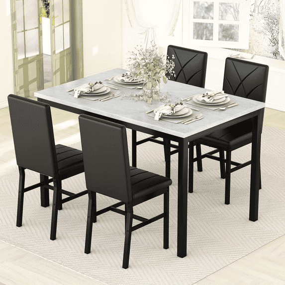 MIERES Dining Table Set for 4 ,Kitchen Table with Modern Faux Marble Tabletop and 4 Leather Upholstered Chairs, Dining Table for Apartments, Kitchens, Dining Rooms, Breakfast Nooks