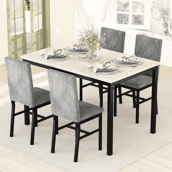 MIERES Dining Table Set for 4 ,Kitchen Table with Modern Faux Marble Tabletop and 4 Velvet Upholstered Chairs, Dining Table for Apartments, Kitchens, Dining Rooms, Breakfast Nooks