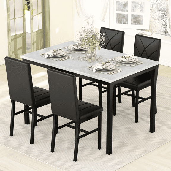 MIERES 4-Person Dining Table and Chair Set, Marble Kitchen Dining Table and Chair Set, with 4 Striped Velvet Dining Chairs, Suitable for Apartments, Breakfast Nooks, and Dining Rooms (White/Black)