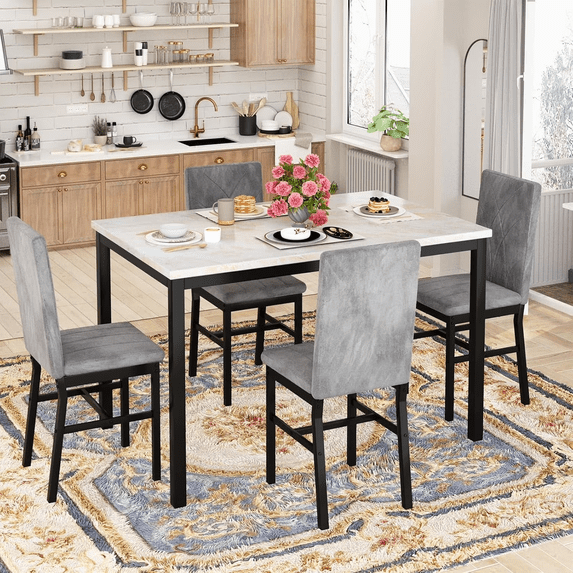 MIERES Dining Table Set for 4 ,Kitchen Table with Modern Faux Marble Tabletop and 4 Velvet Upholstered Chairs, Dining Table for Apartments, Kitchens, Dining Rooms, Breakfast Nooks