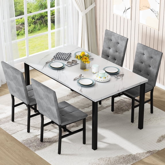 MIERES 4-Person Dining Table Set for 4, 5 Pieces Faux Marble Kitchen Table and Chairs Set, Rectangle Dining Table with 4 Tufted Velvet Dining Chairs, Modern Dinette Set for Breakfast Nook, Gray