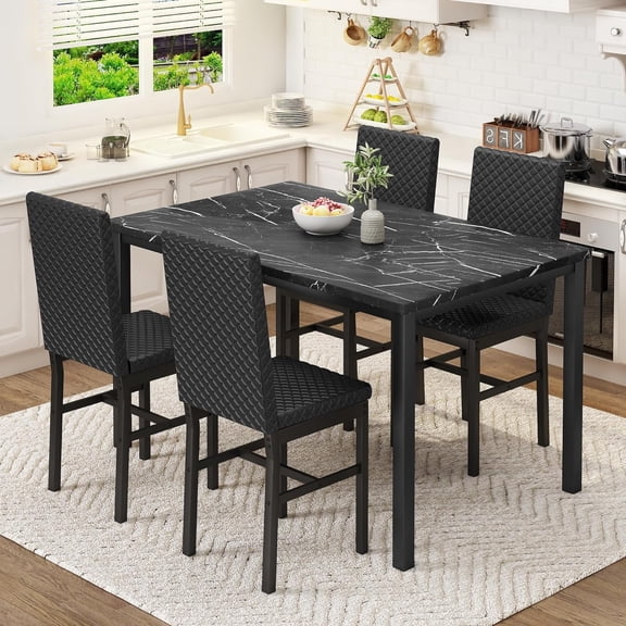 MIERES 4-Person Dining Table Set, 5-Piece Set, Marble-Look Kitchen Dining Table with 4 Velvet-Upholstered Chairs, Ideal for Apartments and Dining Rooms, Black