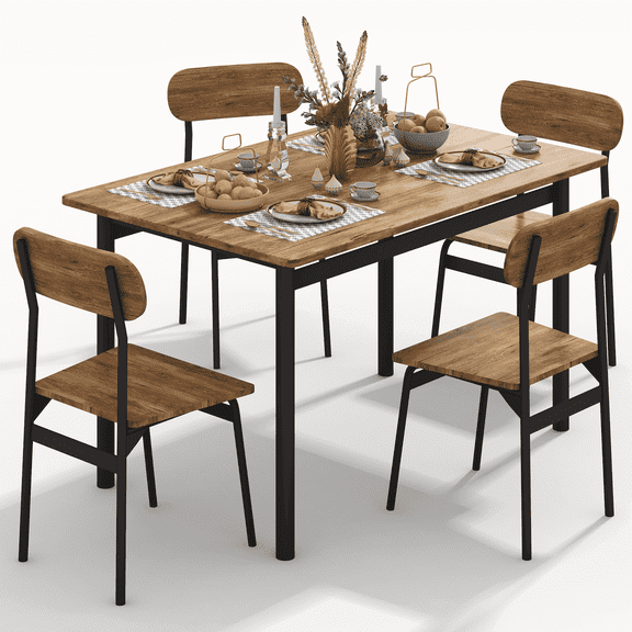 MIERES 4 Person Dining Table Set, Wooden Dining Table 5 Piece Set with 4 Oak Metal Frame Chairs, Space Saving, Suitable for Apartments, Small Spaces, Kitchens, Breakfast Corners, Espresso Wood C