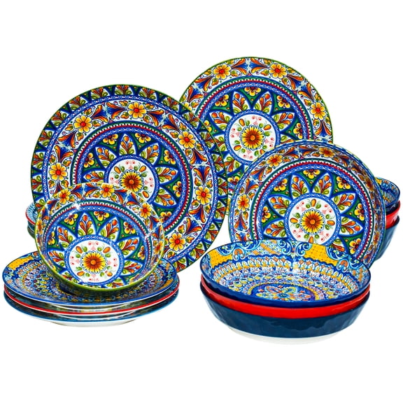 MIERES 4-Piece Boho Ceramic Dinnerware Set, Colorful Floral Plate and Bowl Set, Decorative Porcelain Style Dishes Set for Kitchen, Dining Room, Everyday Meals, Dishwasher and Microwave Safe