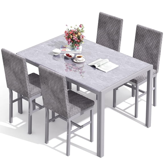 MIERES 4-Piece Dining Set, Modern Kitchen Dining Set, 5-Piece Set, Metal and Glass Dining Table with 4 PU Leather Upholstered Chairs, Ideal for Apartments, Dining Rooms, and Small Spaces, Gray